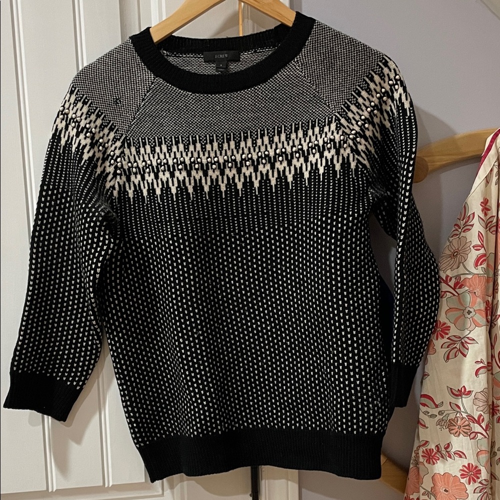 J. CREW Fair Isle Merino Wool Black and White Patterned Crewneck Sweater Small